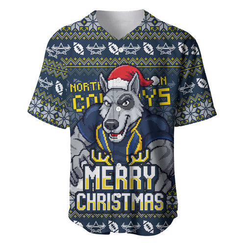 Personalized Cowboys Christmas Baseball Jersey Australian Rugby Fans - Pixelated Ugly Xmas Pattern Mascot Santa