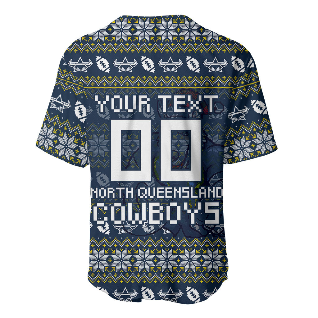 Personalized Cowboys Christmas Baseball Jersey Australian Rugby Fans - Pixelated Ugly Xmas Pattern Mascot Santa