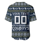 Personalized Cowboys Christmas Baseball Jersey Australian Rugby Fans - Pixelated Ugly Xmas Pattern Mascot Santa