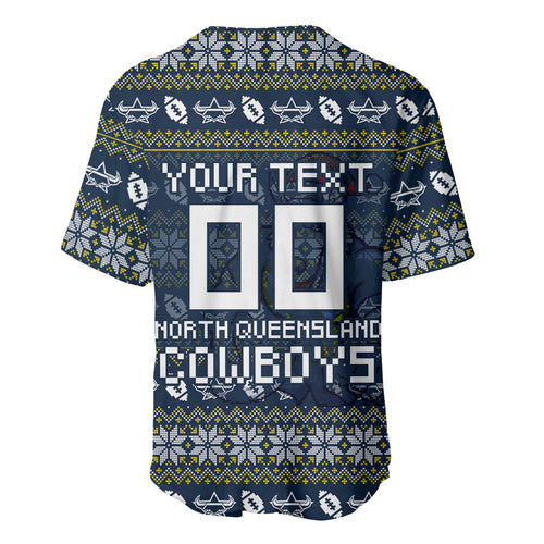 Personalized Cowboys Christmas Baseball Jersey Australian Rugby Fans - Pixelated Ugly Xmas Pattern Mascot Santa