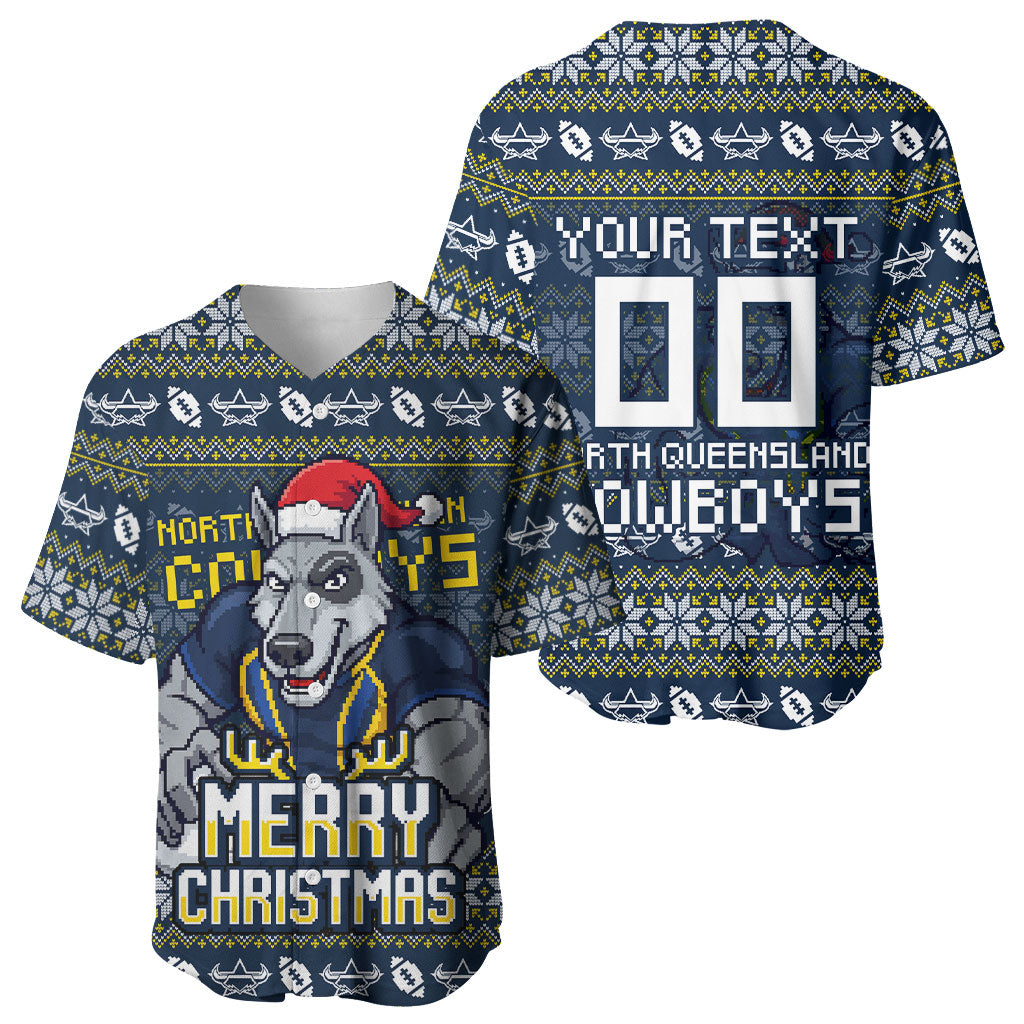Personalized Cowboys Christmas Baseball Jersey Australian Rugby Fans - Pixelated Ugly Xmas Pattern Mascot Santa