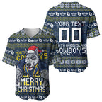 Personalized Cowboys Christmas Baseball Jersey Australian Rugby Fans - Pixelated Ugly Xmas Pattern Mascot Santa