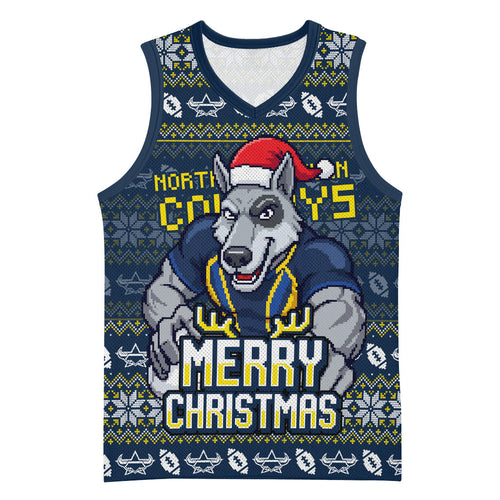 Personalized Cowboys Christmas Basketball Jersey Australian Rugby Fans - Pixelated Ugly Xmas Pattern Mascot Santa
