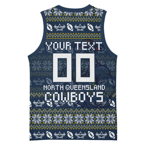 Personalized Cowboys Christmas Basketball Jersey Australian Rugby Fans - Pixelated Ugly Xmas Pattern Mascot Santa