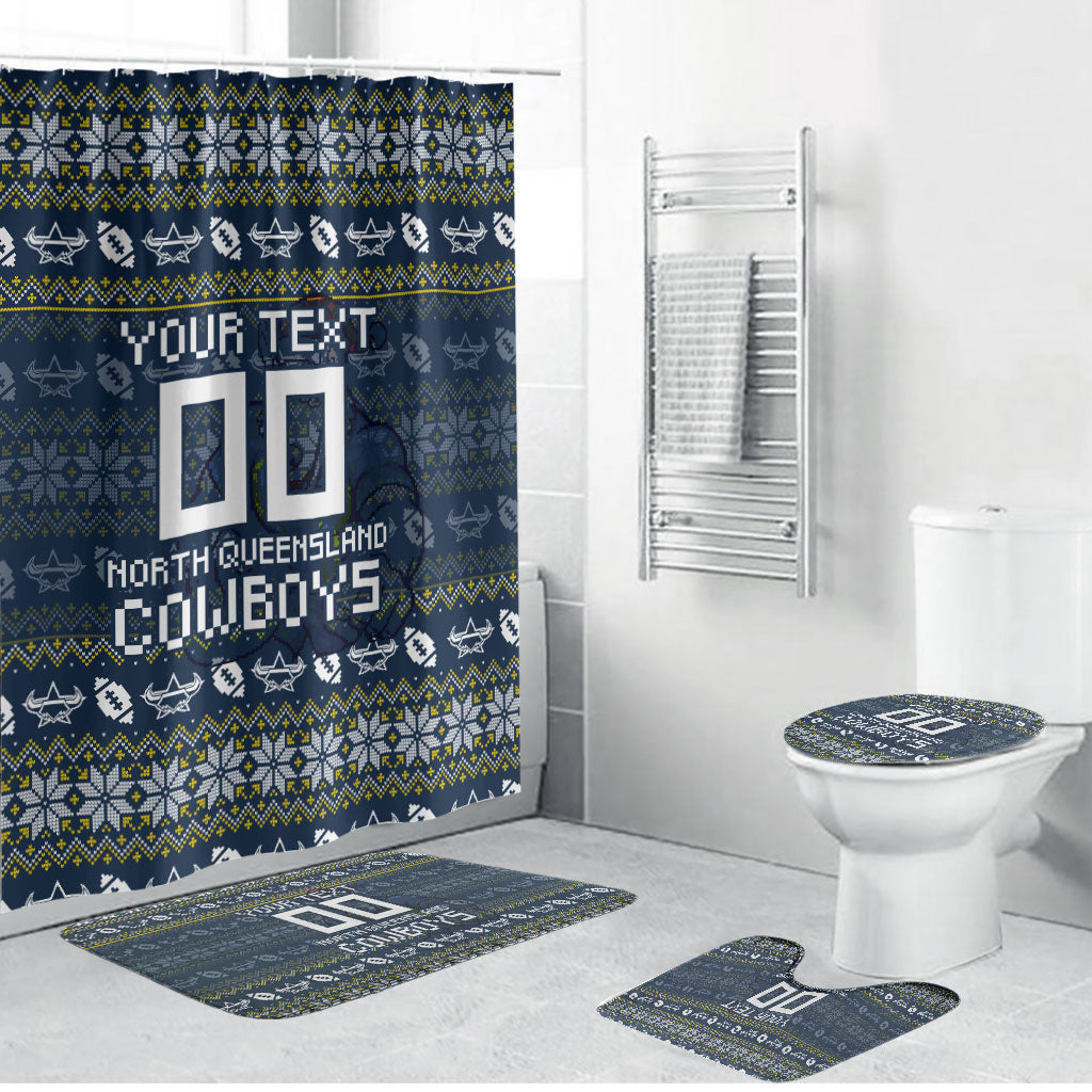 Personalized Cowboys Christmas Bathroom Set Australian Rugby Fans - Pixelated Ugly Xmas Pattern Mascot Santa
