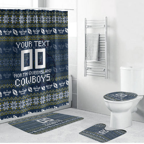 Personalized Cowboys Christmas Bathroom Set Australian Rugby Fans - Pixelated Ugly Xmas Pattern Mascot Santa
