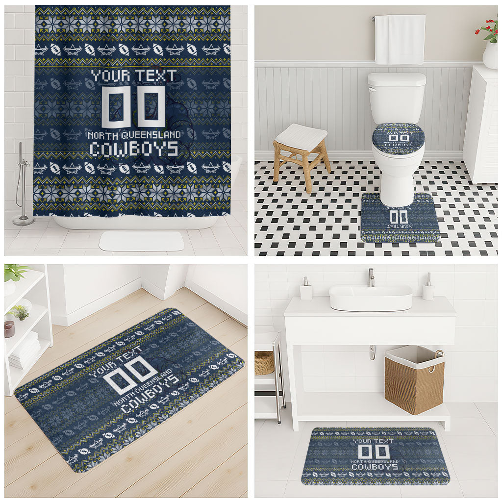 Personalized Cowboys Christmas Bathroom Set Australian Rugby Fans - Pixelated Ugly Xmas Pattern Mascot Santa