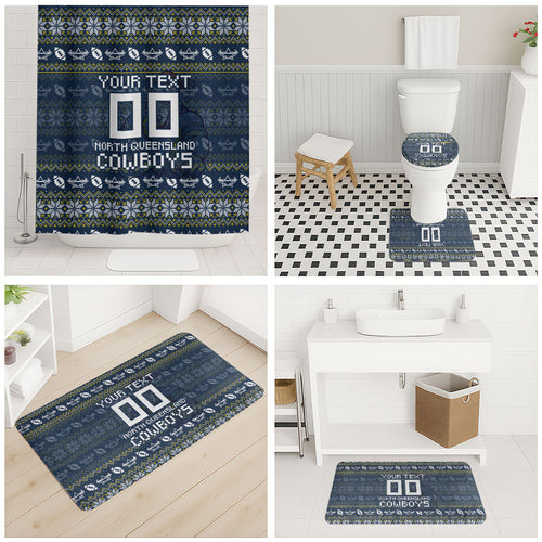 Personalized Cowboys Christmas Bathroom Set Australian Rugby Fans - Pixelated Ugly Xmas Pattern Mascot Santa