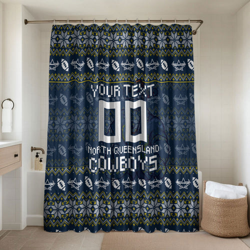 Personalized Cowboys Christmas Bathroom Set Australian Rugby Fans - Pixelated Ugly Xmas Pattern Mascot Santa