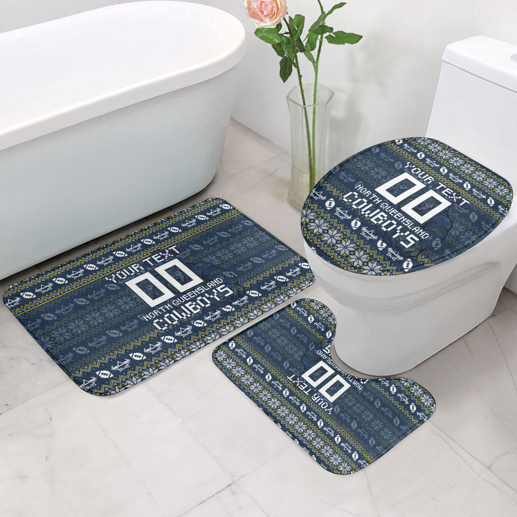 Personalized Cowboys Christmas Bathroom Set Australian Rugby Fans - Pixelated Ugly Xmas Pattern Mascot Santa