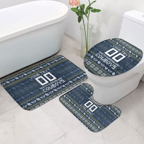 Personalized Cowboys Christmas Bathroom Set Australian Rugby Fans - Pixelated Ugly Xmas Pattern Mascot Santa