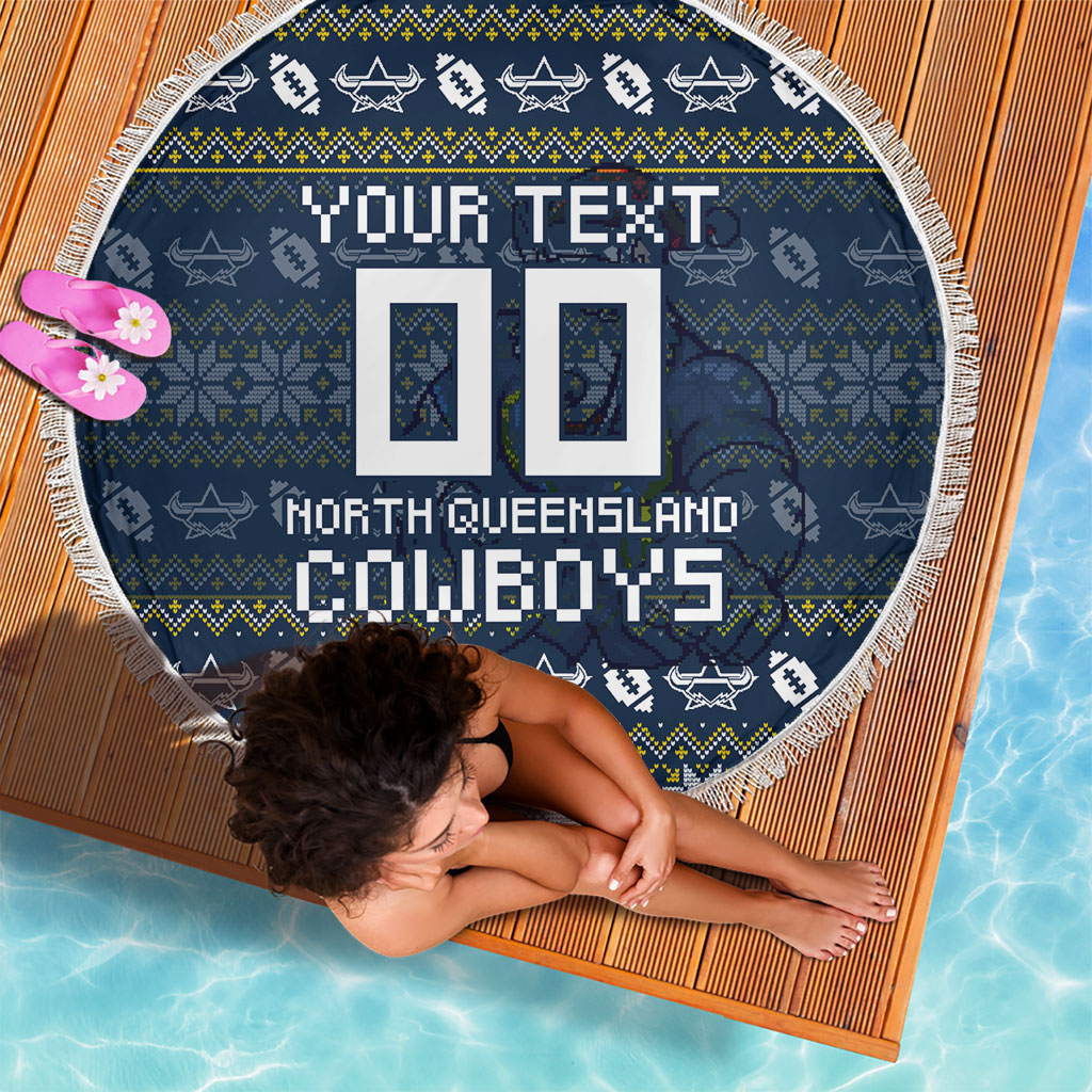 Personalized Cowboys Christmas Beach Blanket Australian Rugby Fans - Pixelated Ugly Xmas Pattern Mascot Santa