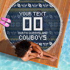 Personalized Cowboys Christmas Beach Blanket Australian Rugby Fans - Pixelated Ugly Xmas Pattern Mascot Santa