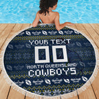 Personalized Cowboys Christmas Beach Blanket Australian Rugby Fans - Pixelated Ugly Xmas Pattern Mascot Santa