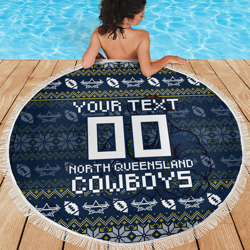 Personalized Cowboys Christmas Beach Blanket Australian Rugby Fans - Pixelated Ugly Xmas Pattern Mascot Santa