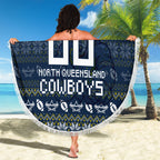 Personalized Cowboys Christmas Beach Blanket Australian Rugby Fans - Pixelated Ugly Xmas Pattern Mascot Santa