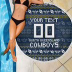 Personalized Cowboys Christmas Beach Blanket Australian Rugby Fans - Pixelated Ugly Xmas Pattern Mascot Santa