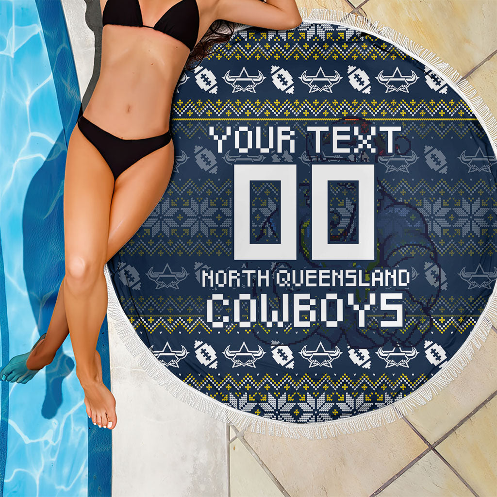 Personalized Cowboys Christmas Beach Blanket Australian Rugby Fans - Pixelated Ugly Xmas Pattern Mascot Santa