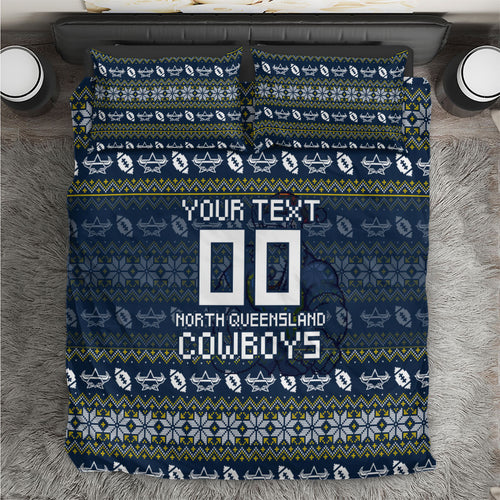 Personalized Cowboys Christmas Bedding Set Australian Rugby Fans - Pixelated Ugly Xmas Pattern Mascot Santa