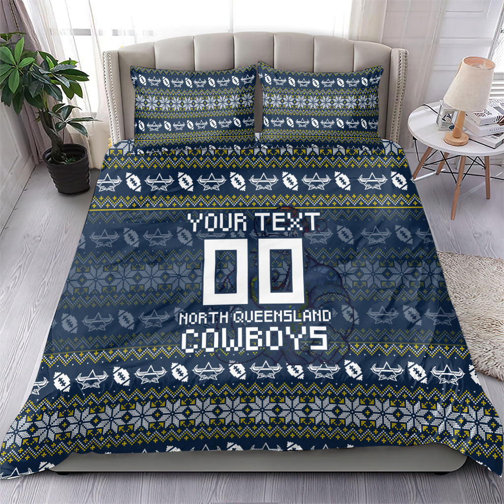 Personalized Cowboys Christmas Bedding Set Australian Rugby Fans - Pixelated Ugly Xmas Pattern Mascot Santa