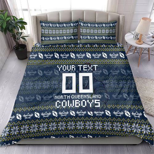 Personalized Cowboys Christmas Bedding Set Australian Rugby Fans - Pixelated Ugly Xmas Pattern Mascot Santa