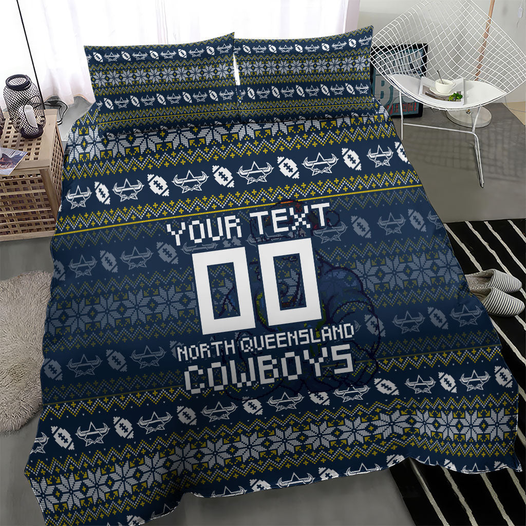 Personalized Cowboys Christmas Bedding Set Australian Rugby Fans - Pixelated Ugly Xmas Pattern Mascot Santa