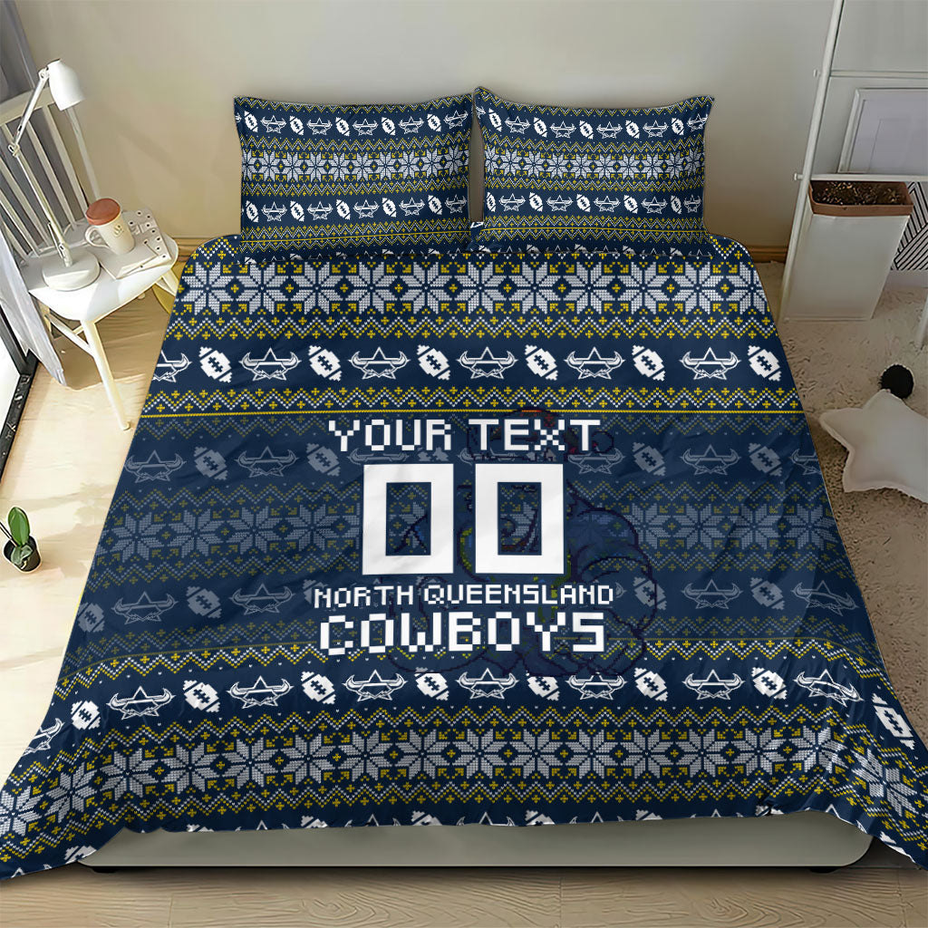 Personalized Cowboys Christmas Bedding Set Australian Rugby Fans - Pixelated Ugly Xmas Pattern Mascot Santa