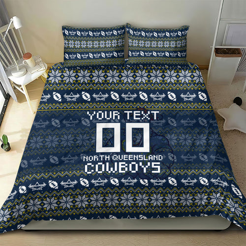 Personalized Cowboys Christmas Bedding Set Australian Rugby Fans - Pixelated Ugly Xmas Pattern Mascot Santa