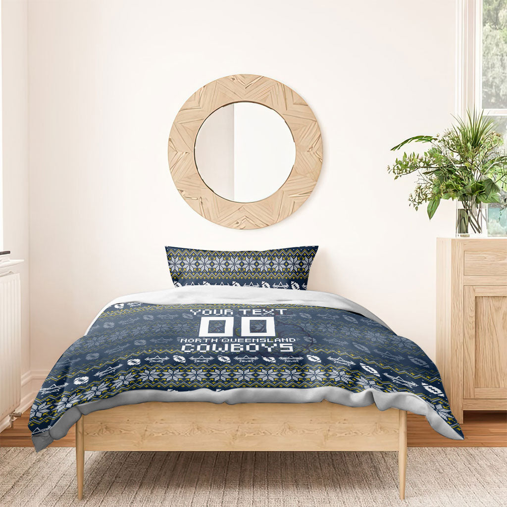 Personalized Cowboys Christmas Bedding Set Australian Rugby Fans - Pixelated Ugly Xmas Pattern Mascot Santa