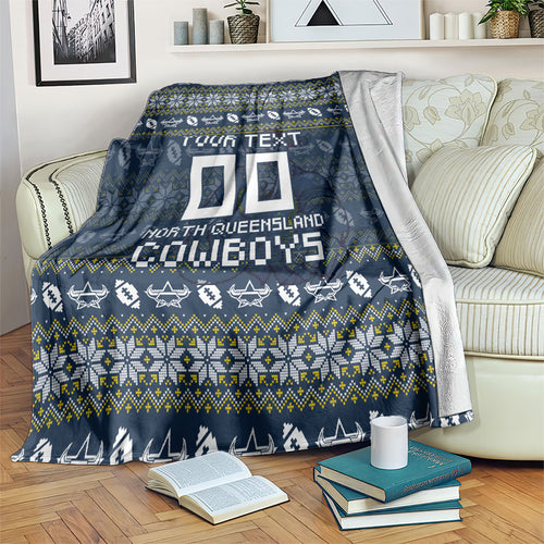 Personalized Cowboys Christmas Blanket Australian Rugby Fans - Pixelated Ugly Xmas Pattern Mascot Santa