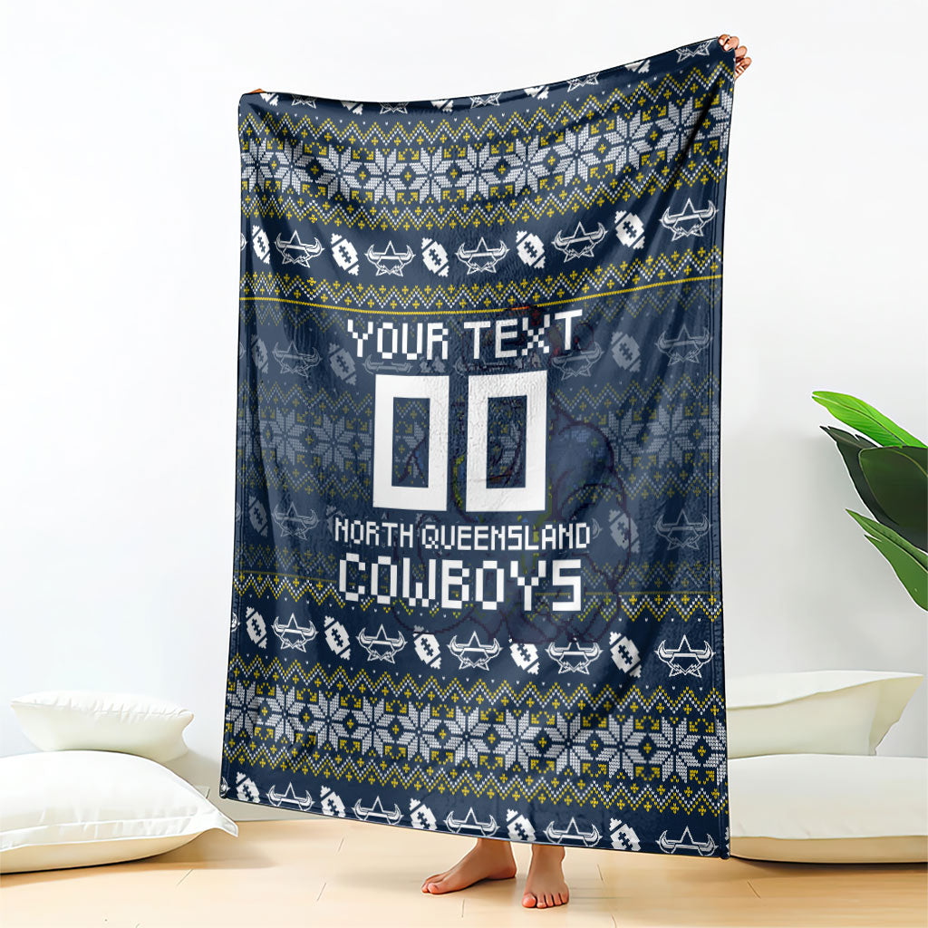 Personalized Cowboys Christmas Blanket Australian Rugby Fans - Pixelated Ugly Xmas Pattern Mascot Santa