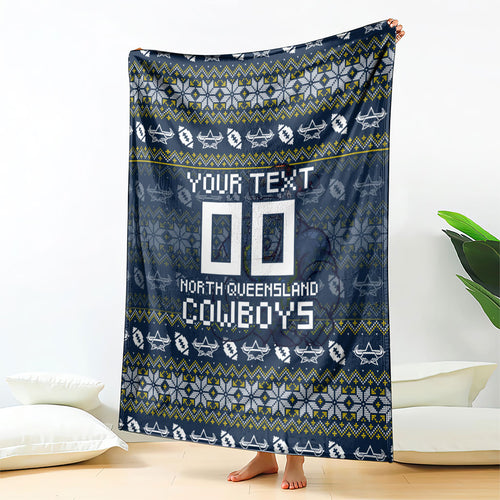Personalized Cowboys Christmas Blanket Australian Rugby Fans - Pixelated Ugly Xmas Pattern Mascot Santa