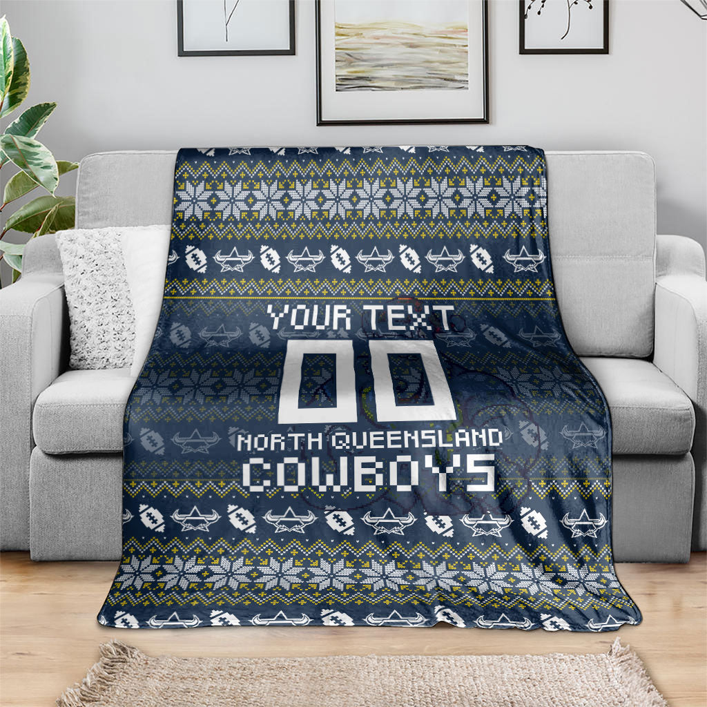 Personalized Cowboys Christmas Blanket Australian Rugby Fans - Pixelated Ugly Xmas Pattern Mascot Santa