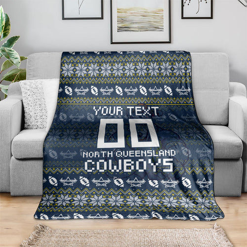 Personalized Cowboys Christmas Blanket Australian Rugby Fans - Pixelated Ugly Xmas Pattern Mascot Santa