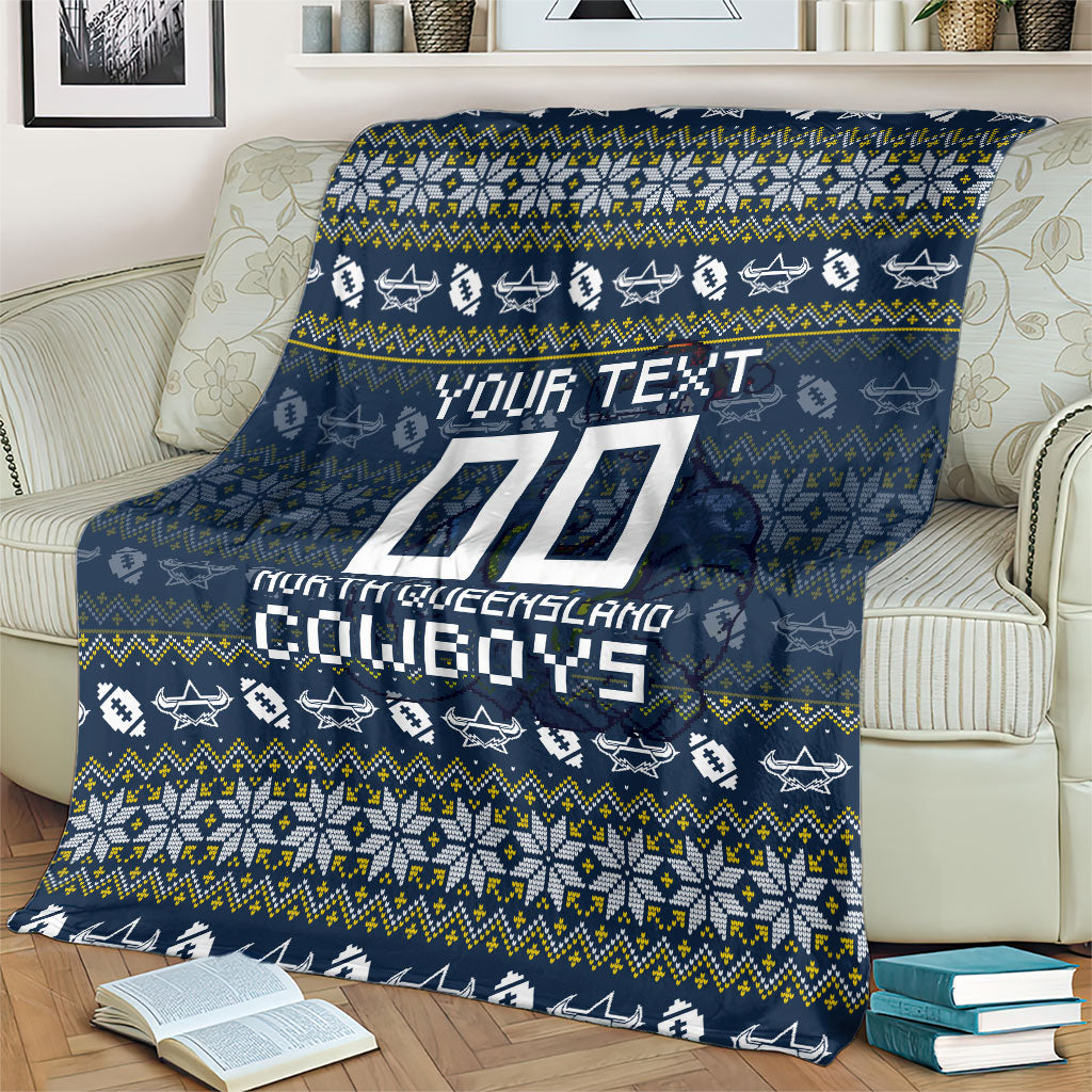 Personalized Cowboys Christmas Blanket Australian Rugby Fans - Pixelated Ugly Xmas Pattern Mascot Santa