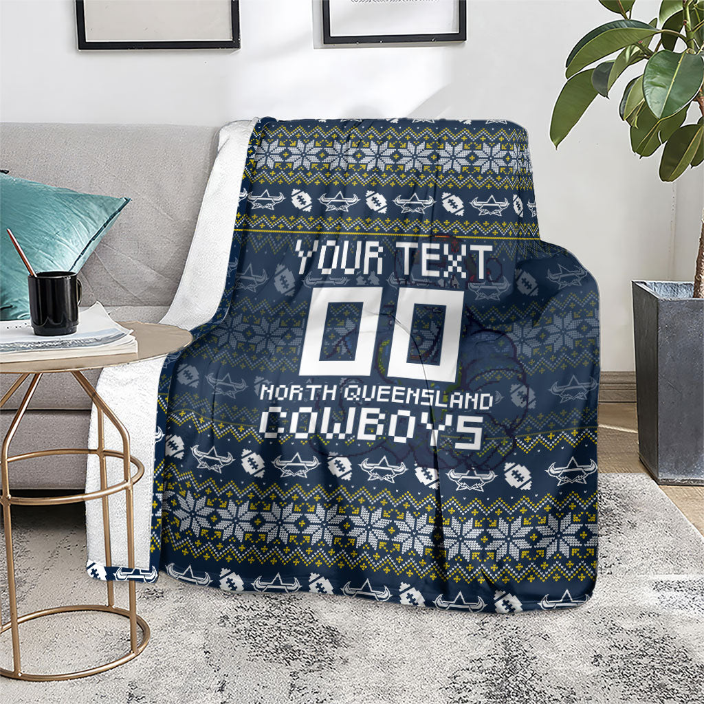 Personalized Cowboys Christmas Blanket Australian Rugby Fans - Pixelated Ugly Xmas Pattern Mascot Santa