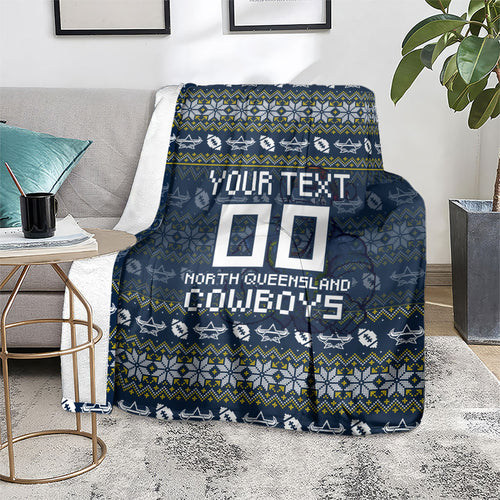 Personalized Cowboys Christmas Blanket Australian Rugby Fans - Pixelated Ugly Xmas Pattern Mascot Santa