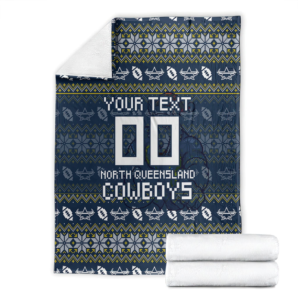 Personalized Cowboys Christmas Blanket Australian Rugby Fans - Pixelated Ugly Xmas Pattern Mascot Santa