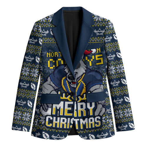 Personalized Cowboys Christmas Blazer Australian Rugby Fans - Pixelated Ugly Xmas Pattern Mascot Santa