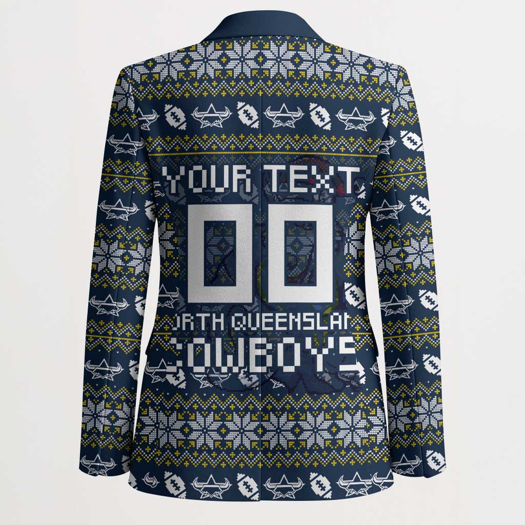 Personalized Cowboys Christmas Blazer Australian Rugby Fans - Pixelated Ugly Xmas Pattern Mascot Santa