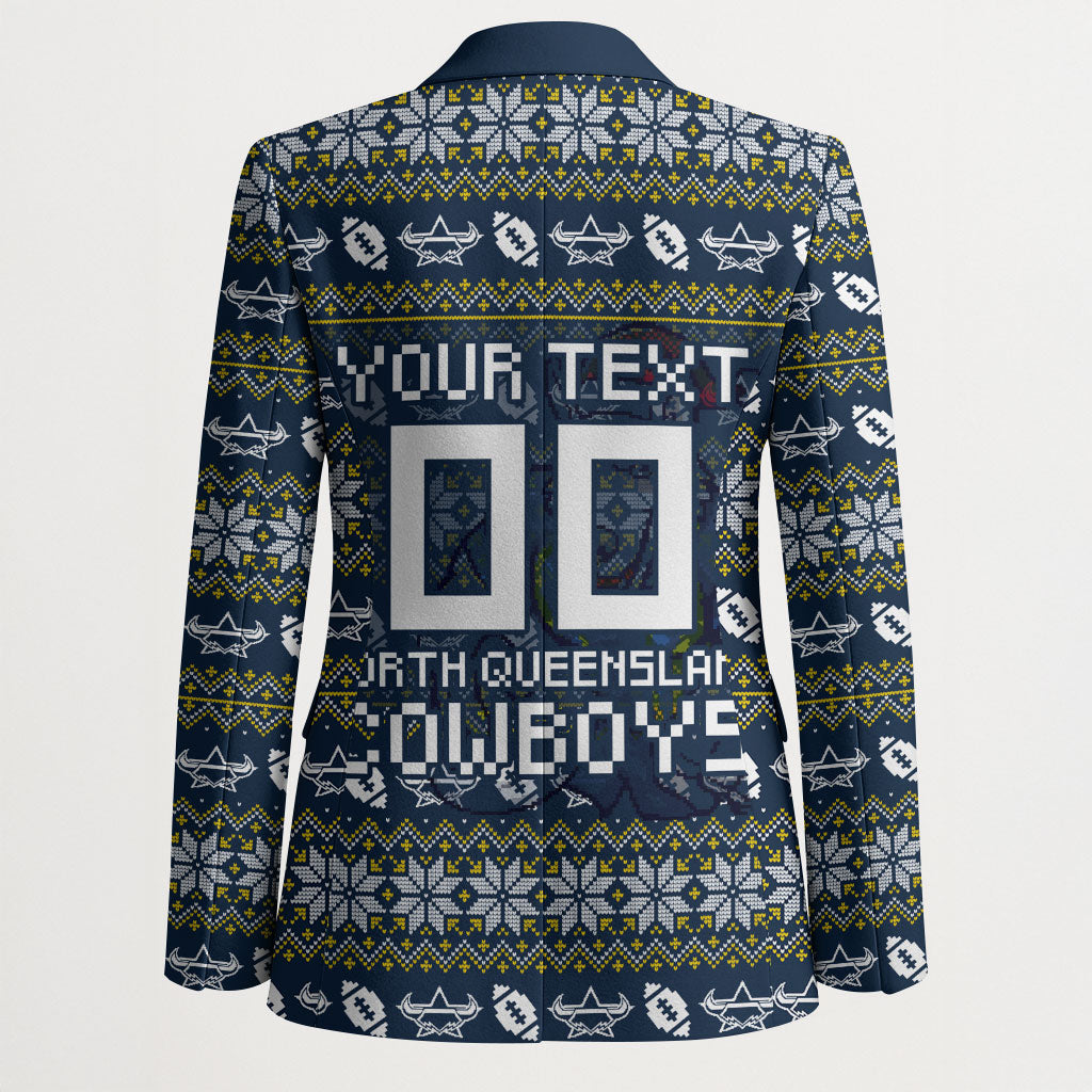 Personalized Cowboys Christmas Blazer Australian Rugby Fans - Pixelated Ugly Xmas Pattern Mascot Santa
