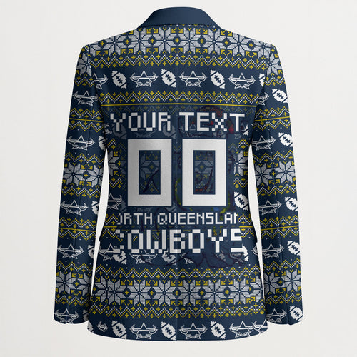 Personalized Cowboys Christmas Blazer Australian Rugby Fans - Pixelated Ugly Xmas Pattern Mascot Santa
