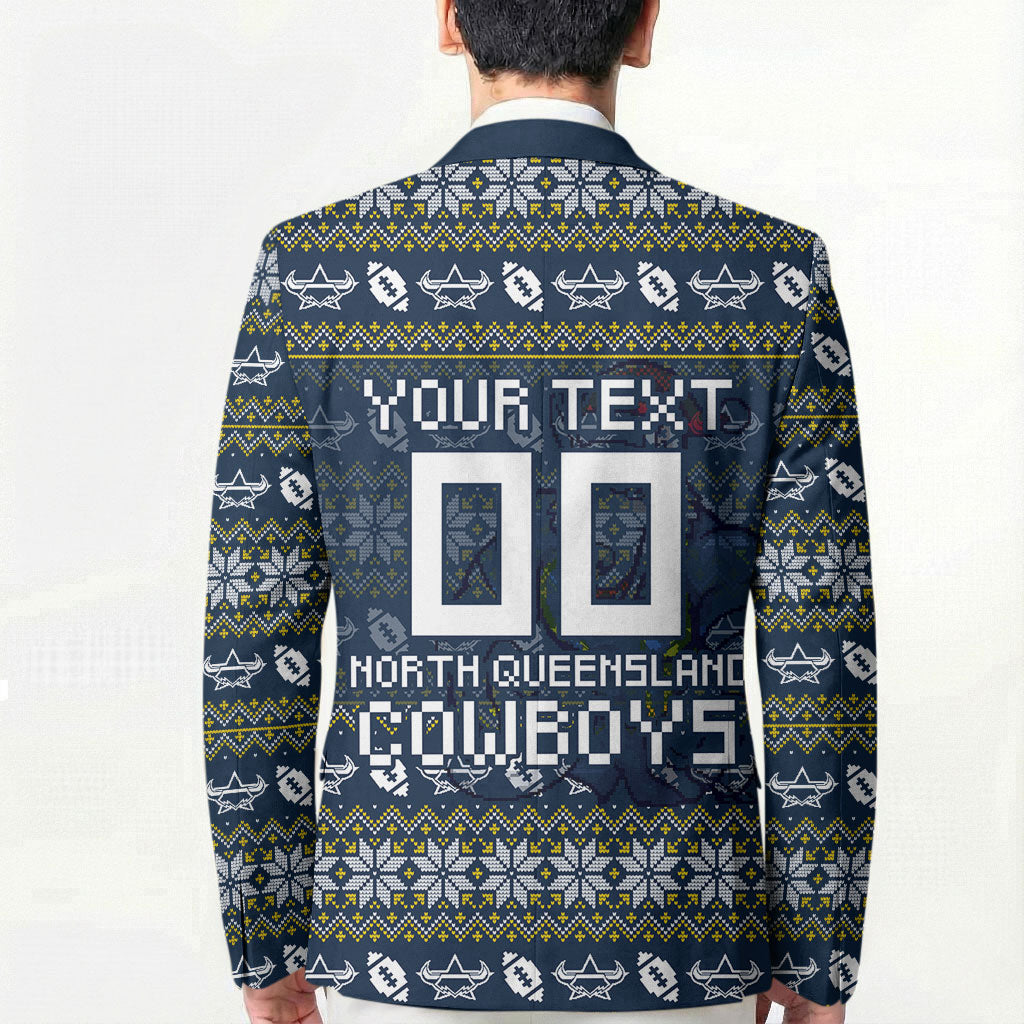 Personalized Cowboys Christmas Blazer Australian Rugby Fans - Pixelated Ugly Xmas Pattern Mascot Santa