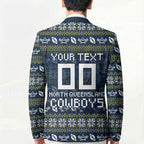 Personalized Cowboys Christmas Blazer Australian Rugby Fans - Pixelated Ugly Xmas Pattern Mascot Santa