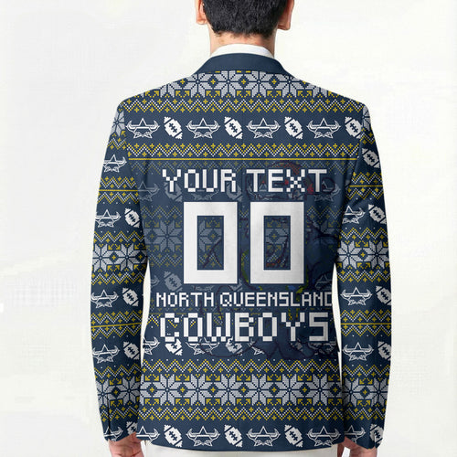 Personalized Cowboys Christmas Blazer Australian Rugby Fans - Pixelated Ugly Xmas Pattern Mascot Santa