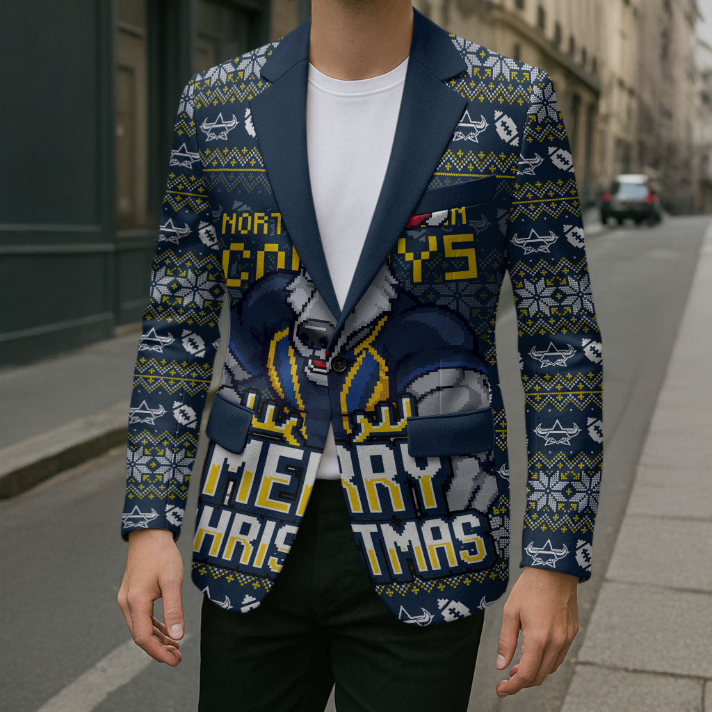 Personalized Cowboys Christmas Blazer Australian Rugby Fans - Pixelated Ugly Xmas Pattern Mascot Santa