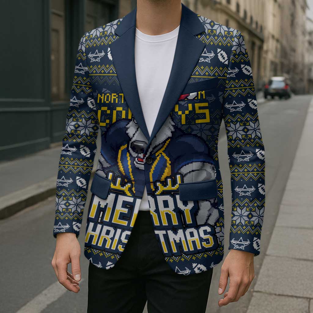 Personalized Cowboys Christmas Blazer Australian Rugby Fans - Pixelated Ugly Xmas Pattern Mascot Santa