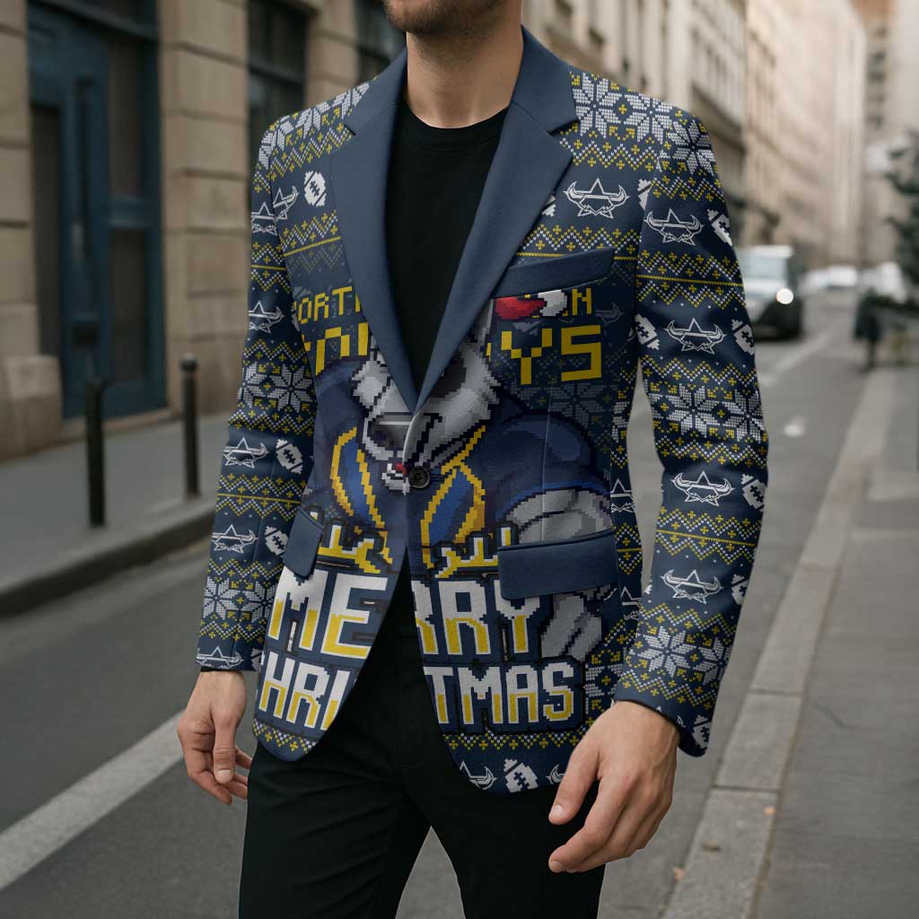 Personalized Cowboys Christmas Blazer Australian Rugby Fans - Pixelated Ugly Xmas Pattern Mascot Santa