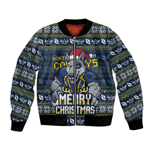 Personalized Cowboys Christmas Bomber Jacket Australian Rugby Fans - Pixelated Ugly Xmas Pattern Mascot Santa