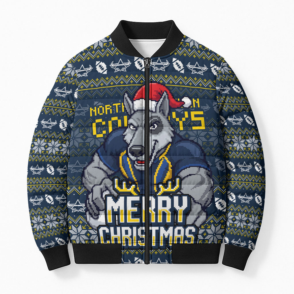 Personalized Cowboys Christmas Bomber Puffer Jacket Australian Rugby Fans - Pixelated Ugly Xmas Pattern Mascot Santa